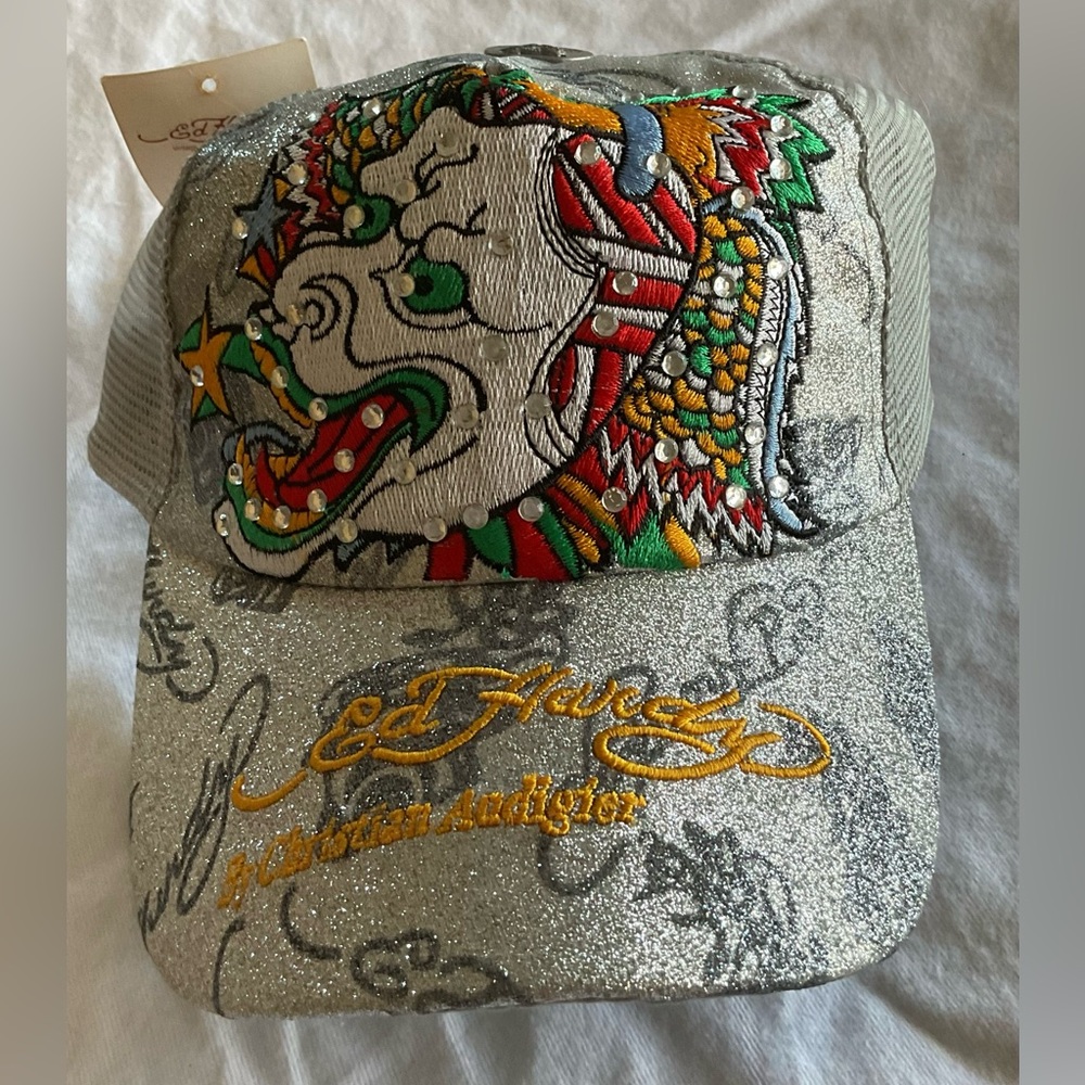 Ed Hardy Silver Glitter Embroidered Trucker Hat with Multicolor Dragon